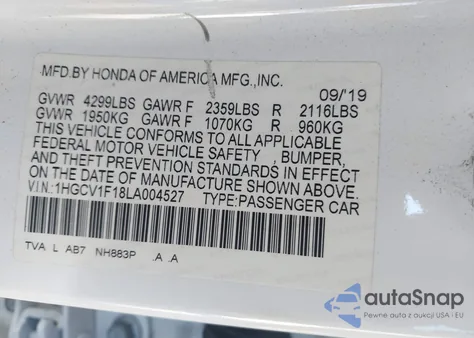 2020 Honda Accord Lx z USA, uszkodzony, nr VIN 1HGCV1F18LA004527